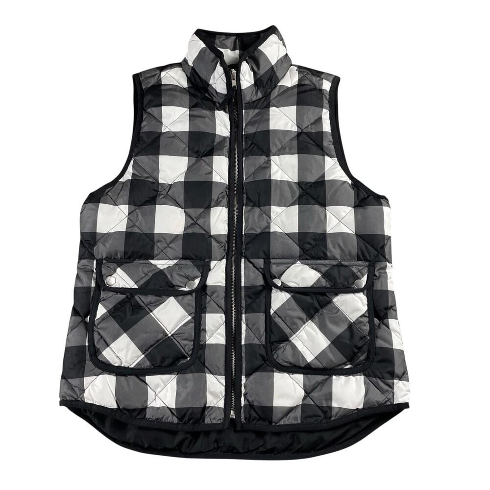Woolrich Plaid Duck Down Quilted Puffer Vest Women's M Full Zip Black White Buff